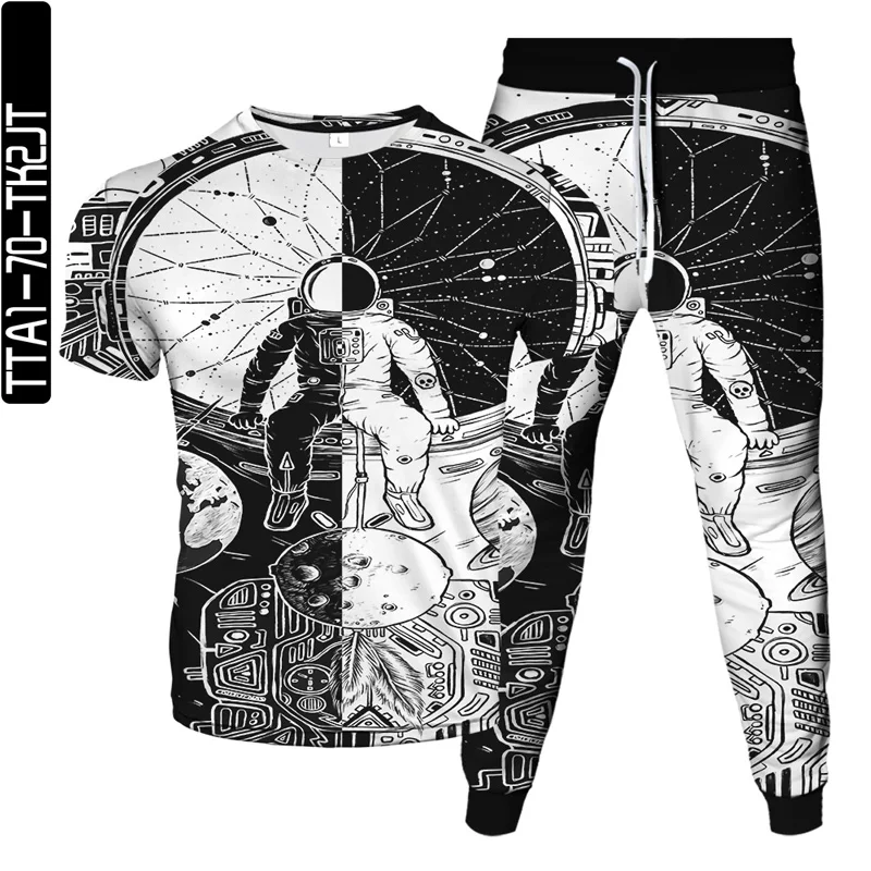 

Костюм мужской из футболки и длинных брюк, одежда для бега, оверсайз с принтом астронавта, галактики, Луны, планеты, в стиле Харадзюку