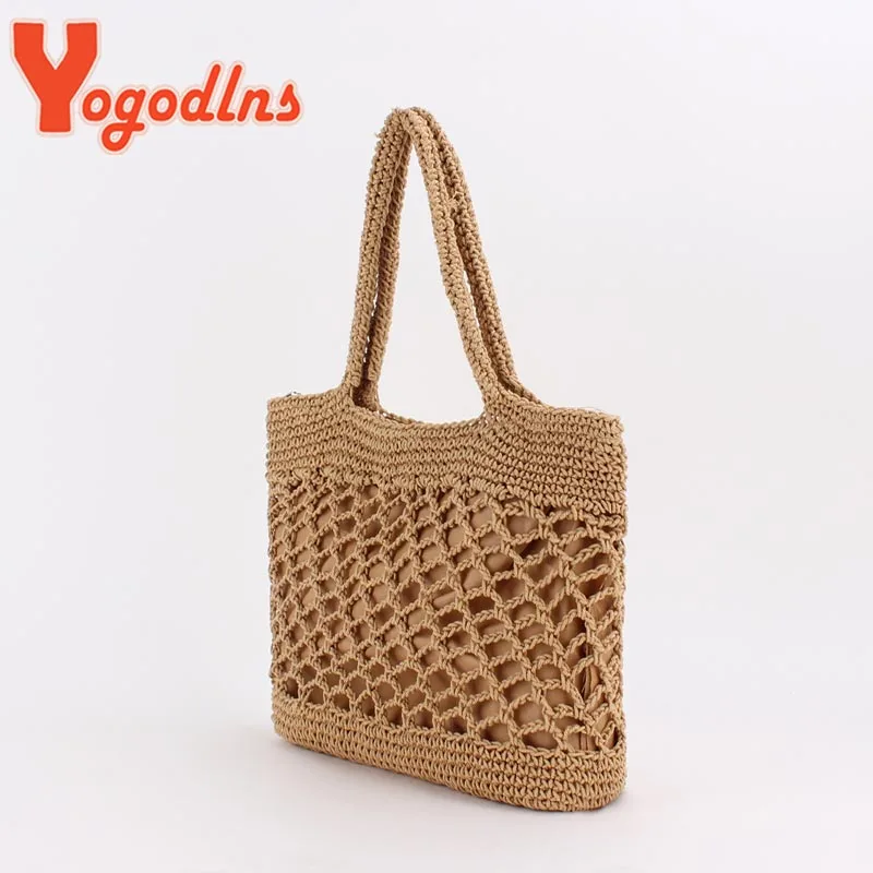 New Crochet Beach Handbag for Girls Summer Straw Rope Hollow Out Hand Woven Totes Bag Women Hollow Knitting Handbag