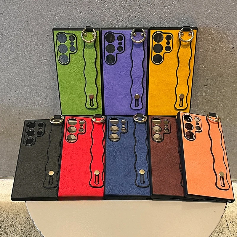 Luxury Leather Wristband Phone Case with Hand Strap and Stand – Pure Color Wave Design