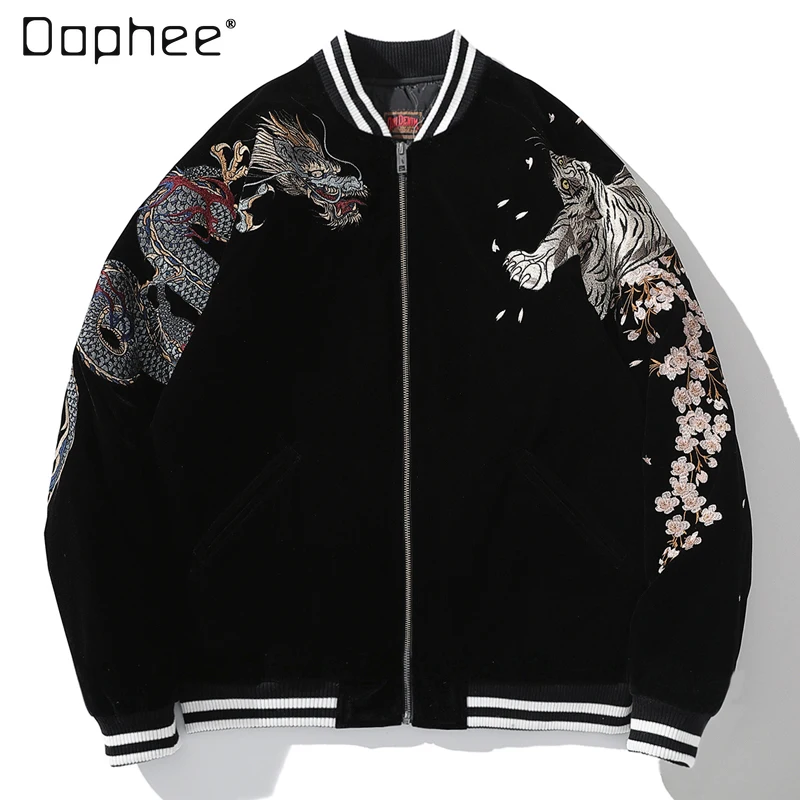 

Men's and Women's Yokosuka Dragon Embroidery Baseball Collar Coat Autumn New Retro Four Sacred Beasts Tiger Zhuque Bomber Jacket