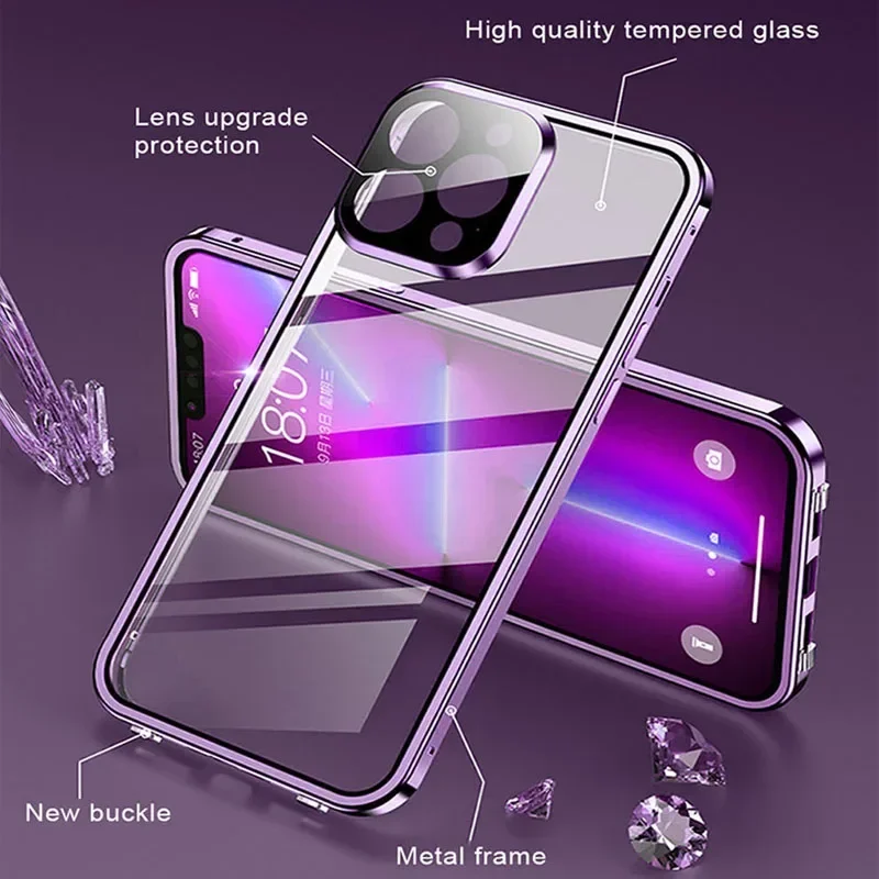 Double Sided Clear Glass Metal Bumper Phone Case For iPhone 15 14 Plus 13  12 11 Pro Max Buckle Shockproof Cover Lens Protector - AliExpress