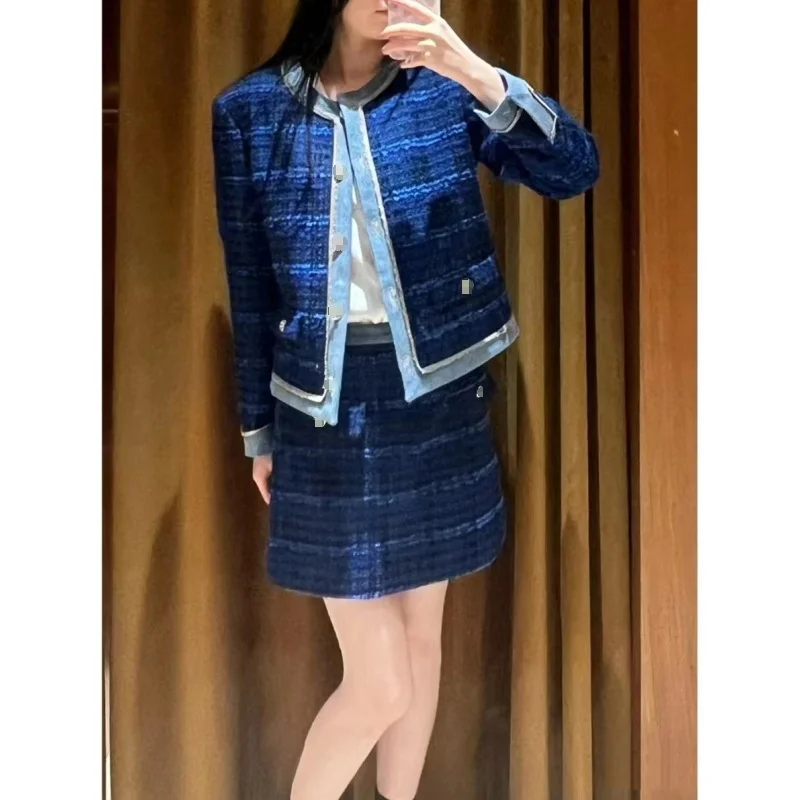 

Women Tweed Spliced Denim Retro Suit Spring New O-neck Single Breasted Coat or Skirt