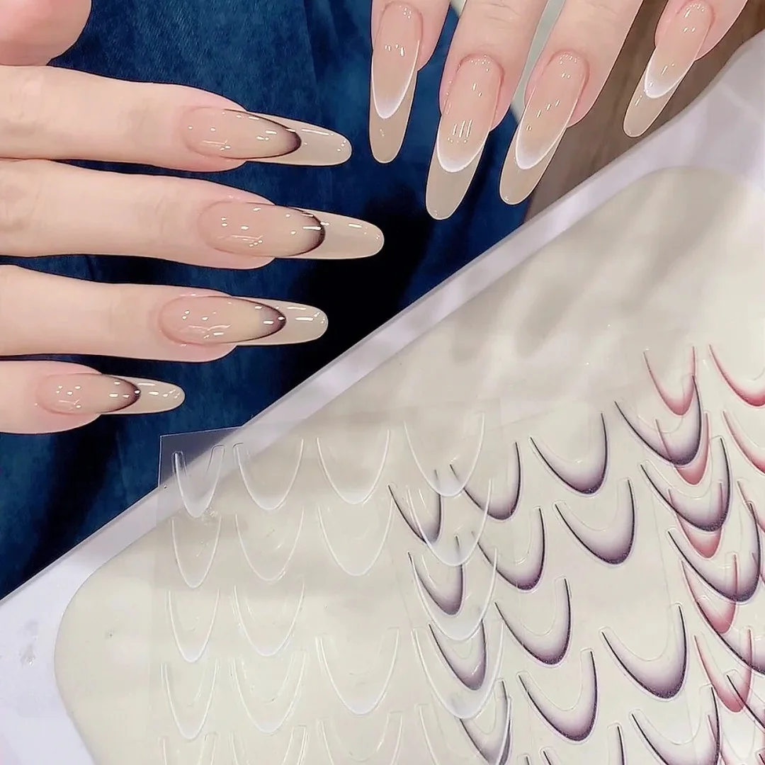5D Black/White Smile Line Design Nail Decals French Gradient Nail Sticker Self-Adhesive Tips Guides Decor 14pcs/Set