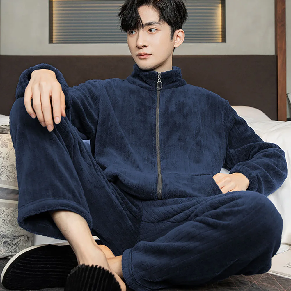 

Winter Flannel Thick Stand-up Collar Zipper Homewear Set For Men Women Oversized Coral Velvet Cardigan Solid Warm Outside Pajama
