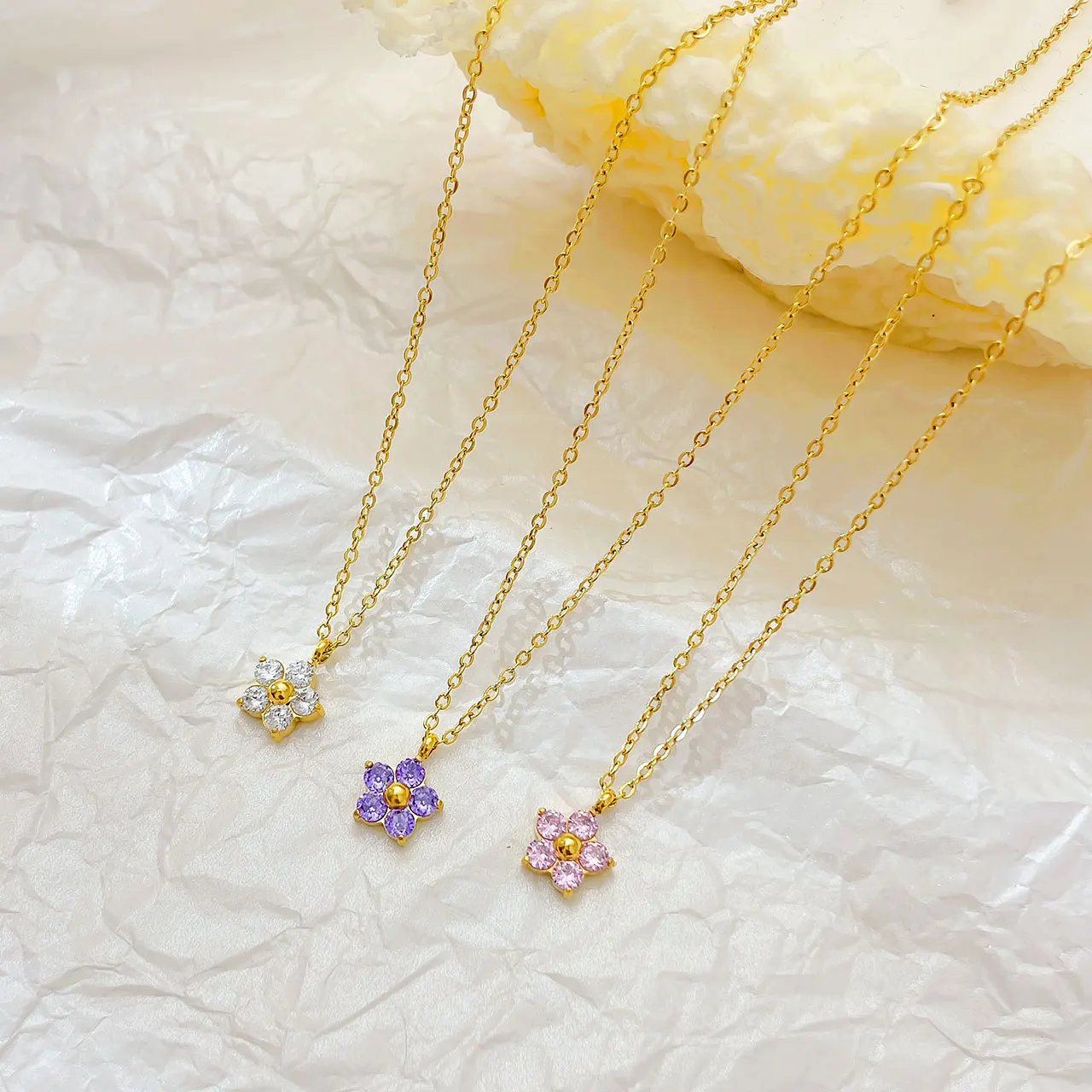 Lovely Little Flower Stainless Steel Necklace/Bracelet/Earrings with Zircon 18K Gold Plated Waterproof Jewelry for Women Girls