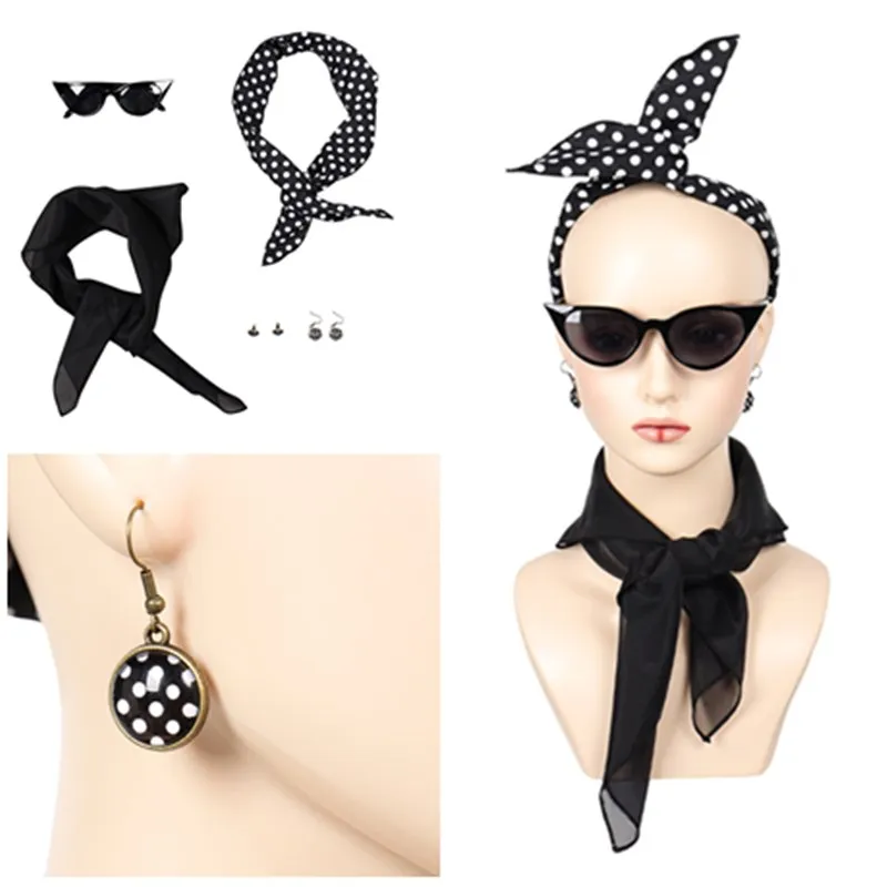 

Retro 1950s Costume Accessories Grease Cosplay Adult Women Girls Scarves Glasses Earrings Headband Set Halloween Carnival Suit