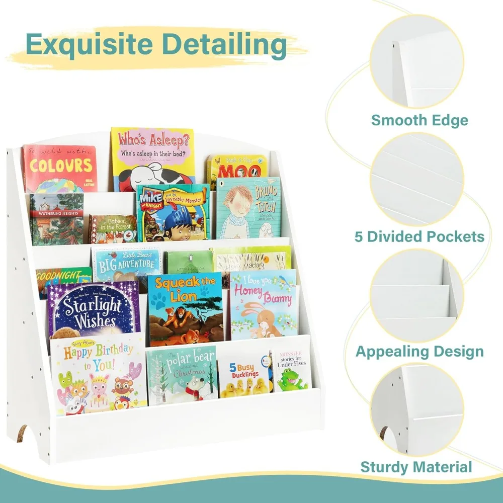 5-Tier Kids Bookshelf - Wooden Children Book Rack for Playrooms, Nursery, and Classrooms (White)