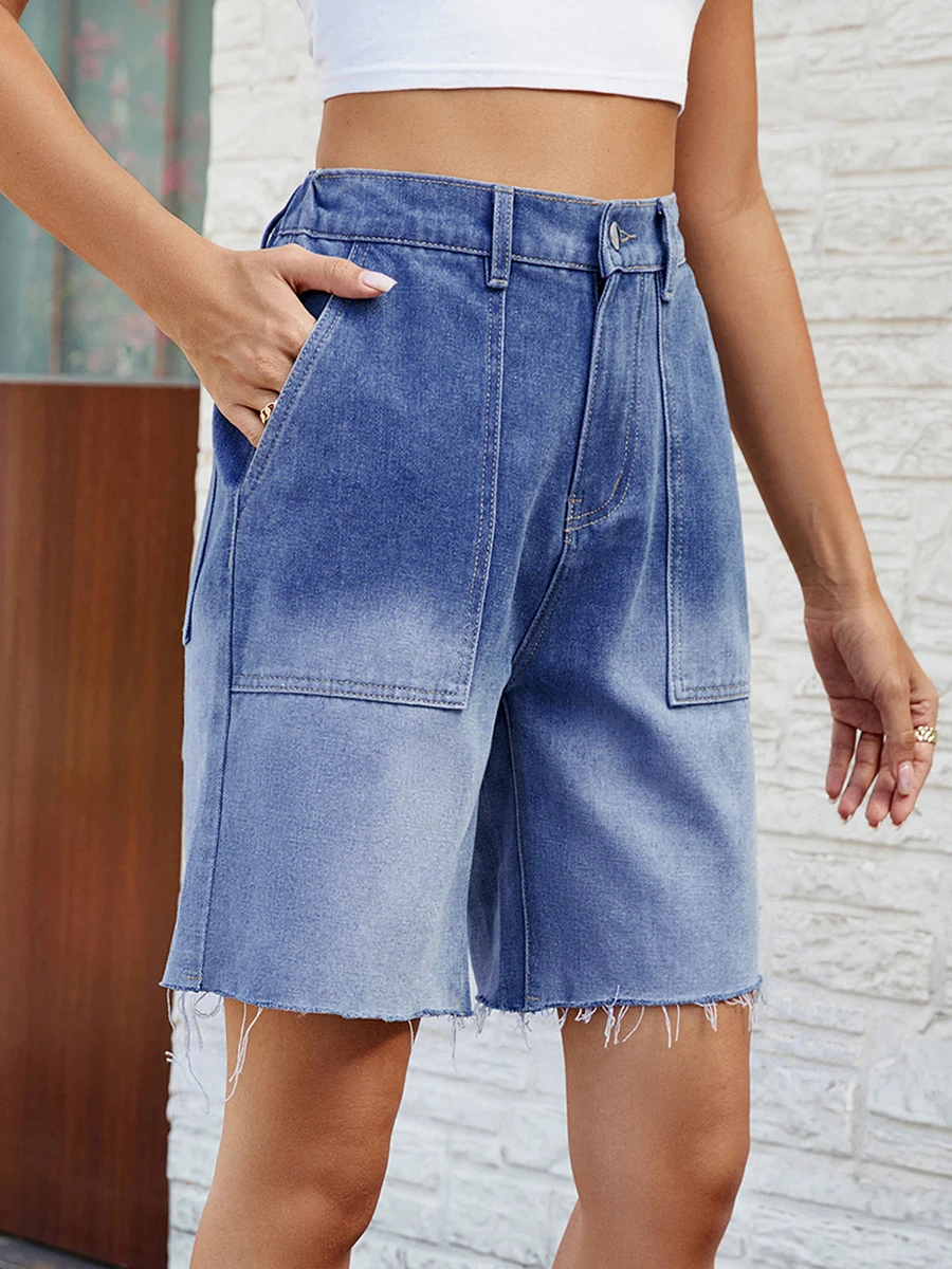 Women s High Waisted Distressed Denim Shorts with Frayed Hem and Pockets Vintage Washed Jean Shorts Casual Streetwear Fashion