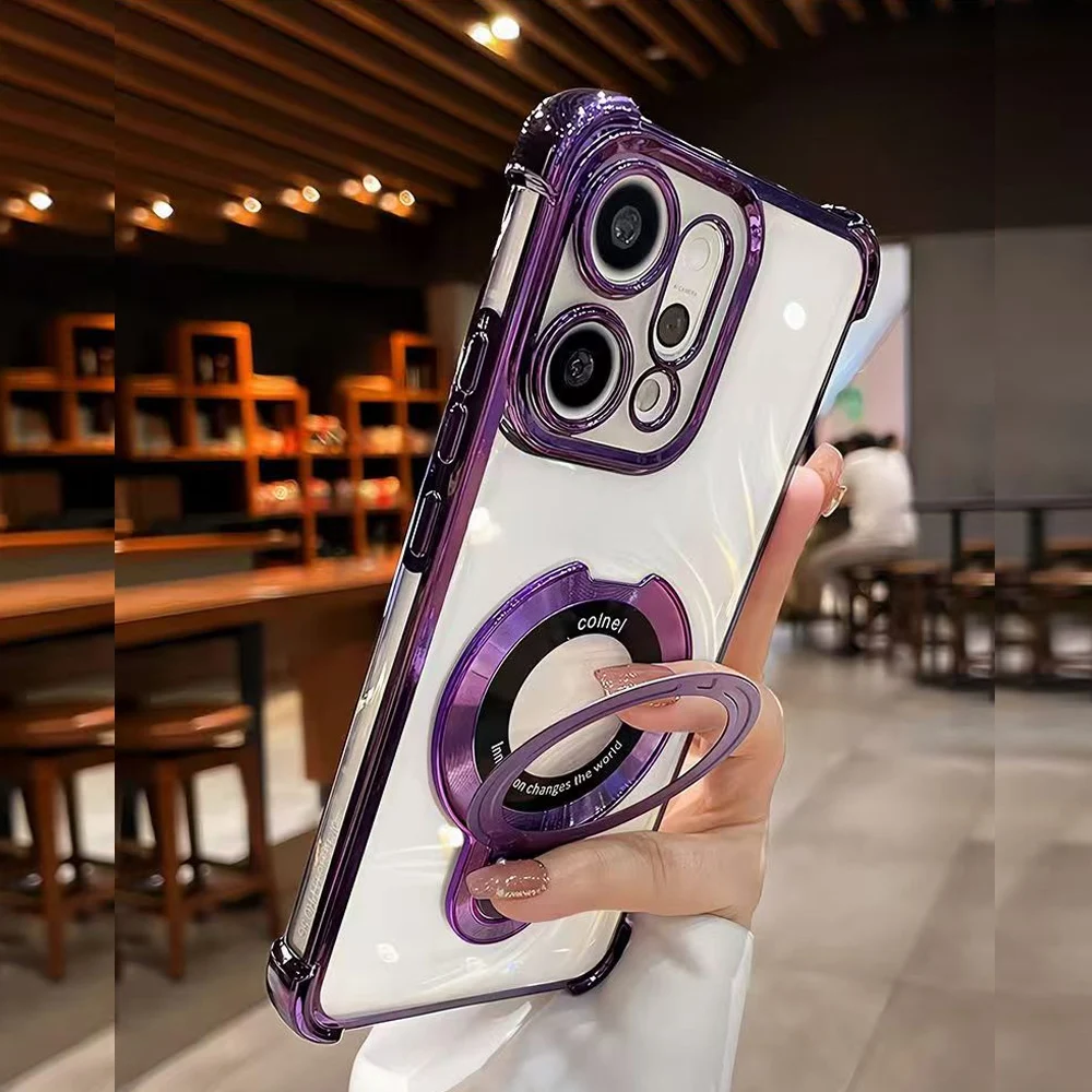 Magnetic Holder Shockproof Transparent Phone Case with Plating and Airbag Protection