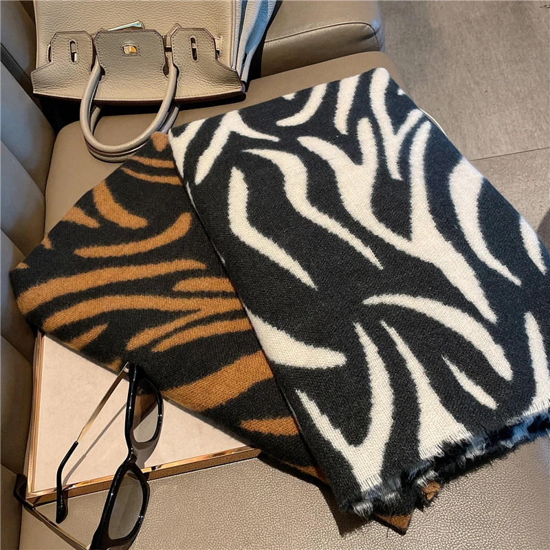 Zebra Print Faux Pashmina Women Black Beige Camel Long Scarf All Match Double-sided Spring Autumn Warm Cappa Shawl Ring Scarf