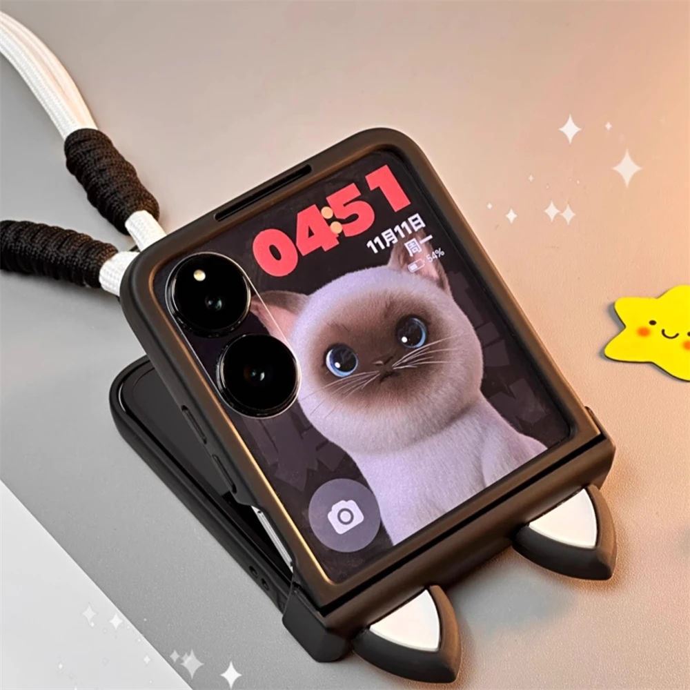 Japan Korean Cute Kitten Ears Case with Hand Strap and Hinge Design
