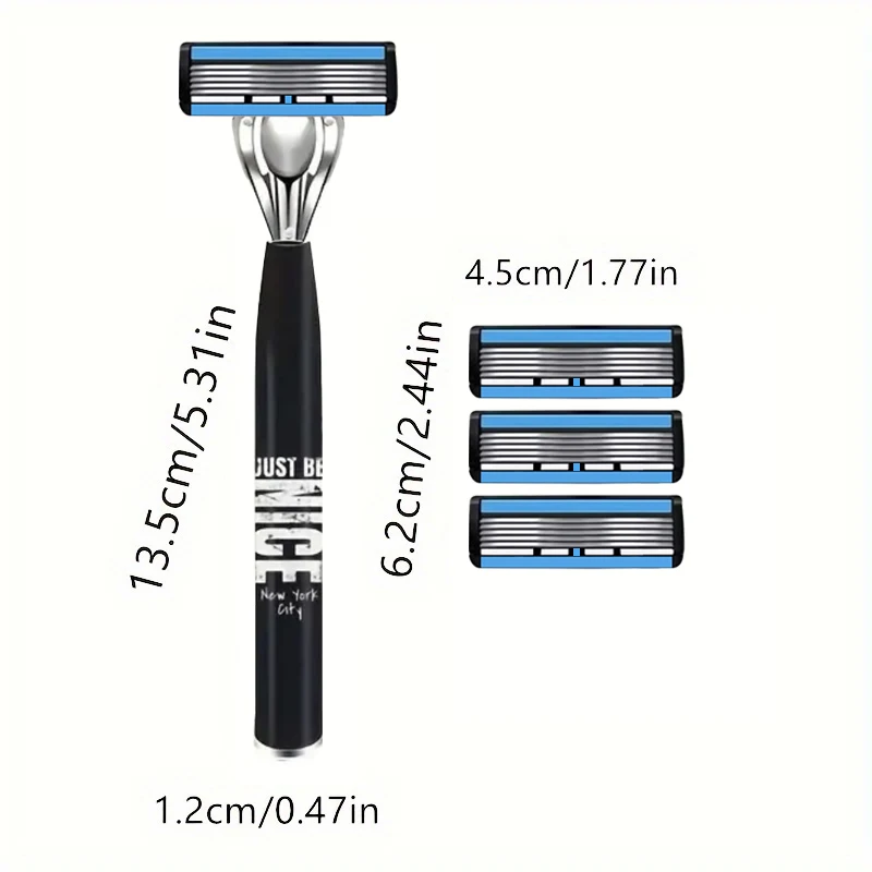 Men's 6-Blade Manual Razor with Non-Slip Handle Multiple Replacement Blades for Trimming Beards Mustaches