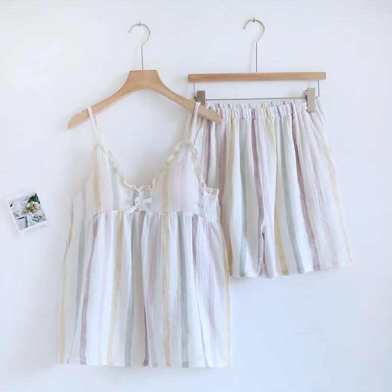 2024 Summer New Women's Two Piece Set of 100% Pure Cotton Crepe Cloth with Chest Cushion Sleepwear Sweet and Cute Home Fury
