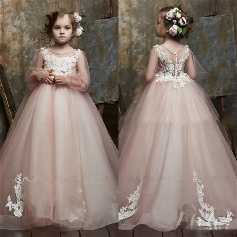 

Fluffy Tulle Long Sleeved Ruffled Sequins Decorated Flower Girl Dress Wedding Elegant Little Child's First Communion Dress