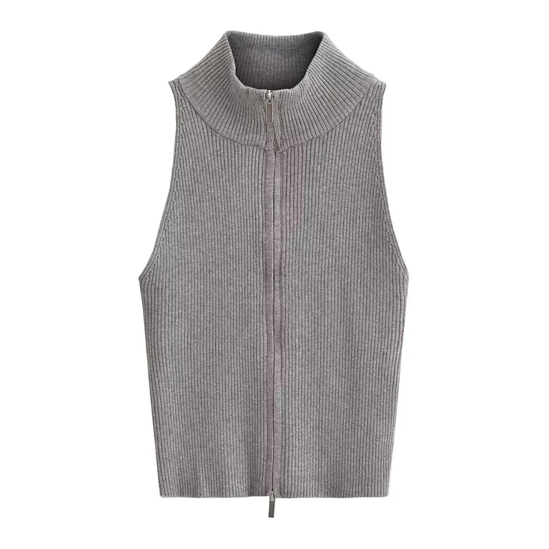 

2023 Sexy Babes Stand Collar Sleeveless Double Zipper Knitted Vest Gray Versatile Slim Women's Short Style Knitted Sweater Women