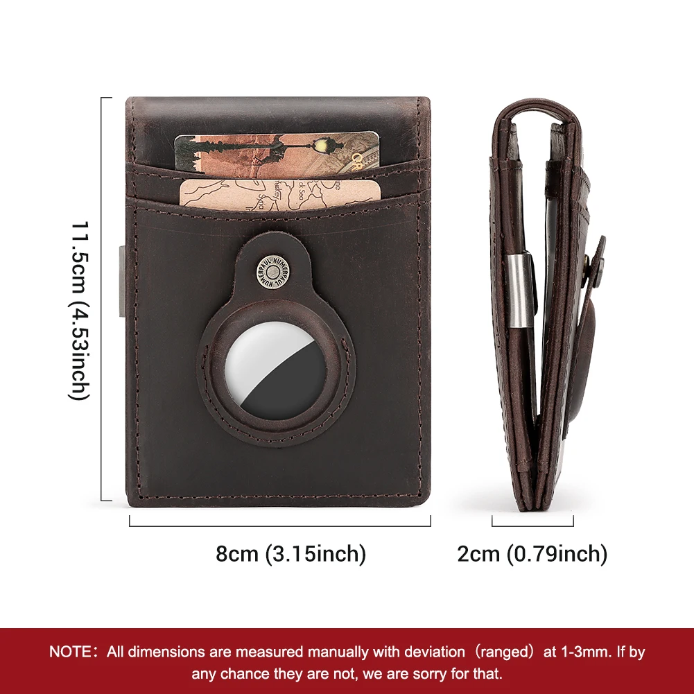 Genuine Leather Slim Money Clip for Men with AirTag Cover RFID Card Holder with ID Window Slim Short Male Billfold  Cash Holder 4