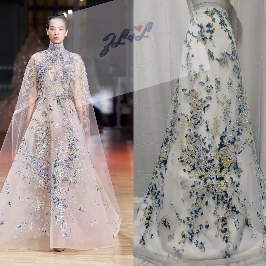 

Super Nice Beaded Fabric Lace Fashionable Dress design Colorful Embroidery With bead Fabric For Evening Dress Weddings Party