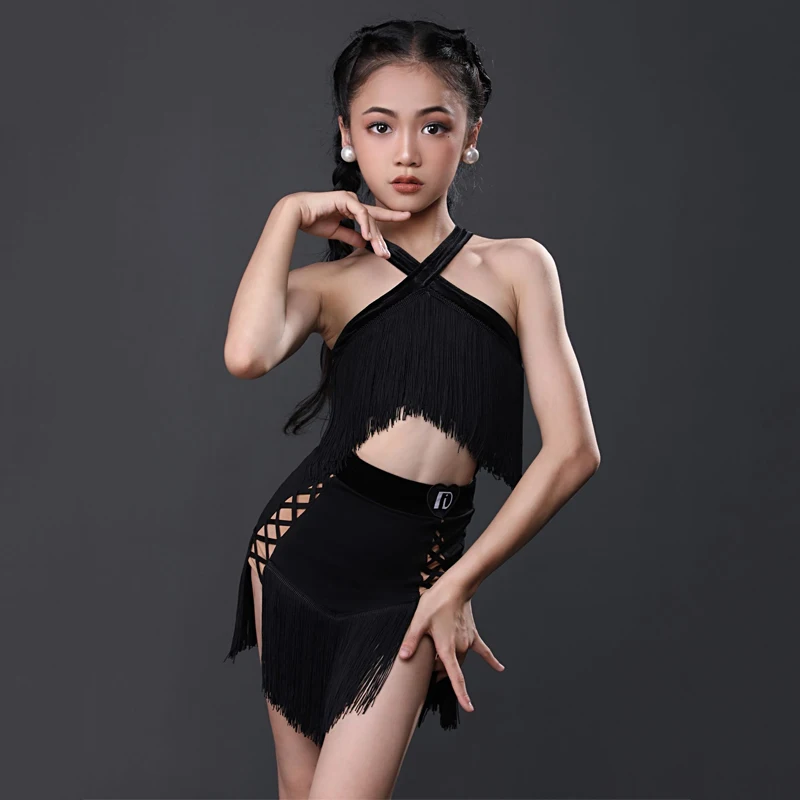 Children Tassels Latin Dancing Dress Girls Yellow Black Fringes Latin Dance Costume Kids Salsa Tango Chacha Stage Wear SL6847