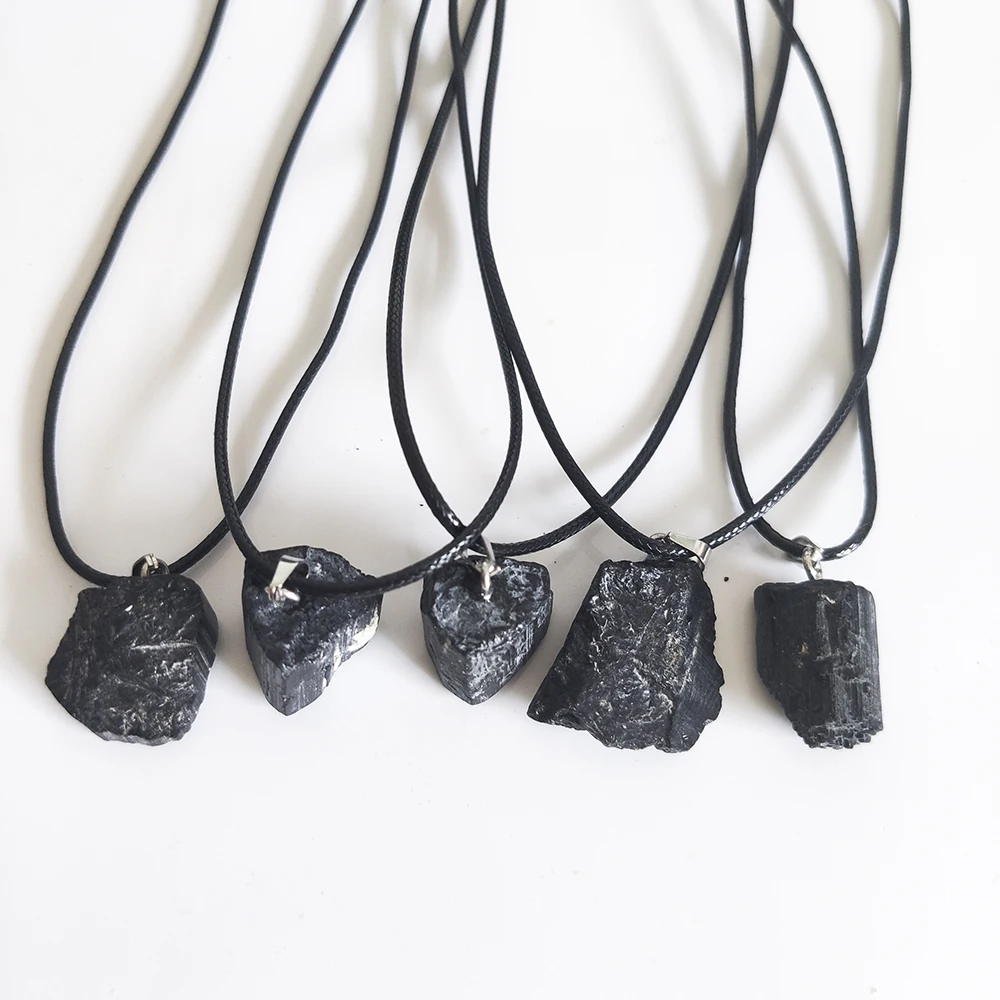 Natural Stone Black Tourmaline Irregular Pendants Rough Healing Crystal Repair Raw Ore Cylinder Necklaces Men Women Jewellry