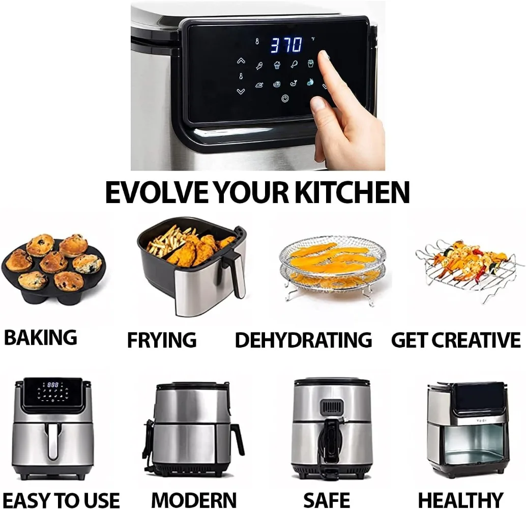 Evolution Air Fryer 6.8 Quart Stainless Steel Ceramic Cooking Basket with Deluxe Accessory Kit and Recipe Book