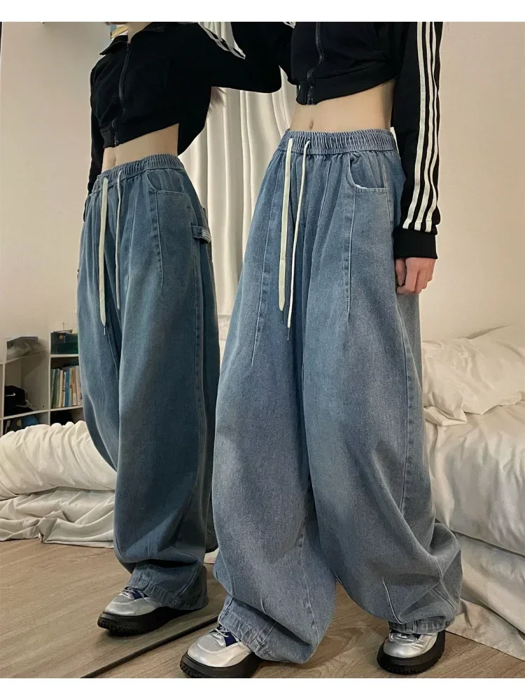 Elastic Waist Jeans Women Oversized Trouser Denim Wide Leg  Streetwear Straight Basic Pants Autumn Lady Jeans Drop Shipping