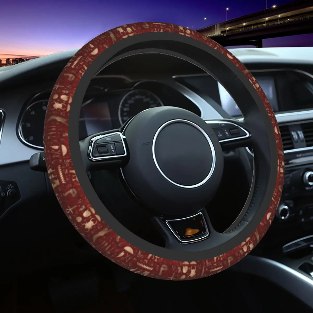 

37-38 Steering Wheel Covers Ancient Egyptian Hieroglyphs Red Leather Gold Elastic Car-styling Fashion Car Accessories