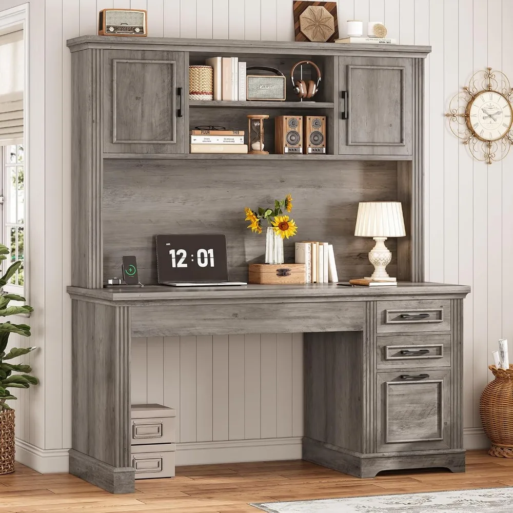 Office Desk with 3 Drawers, 47.2" Executive Computer Desk with Storage Drawers and Hutch Cabinet, Offices Desks 3
