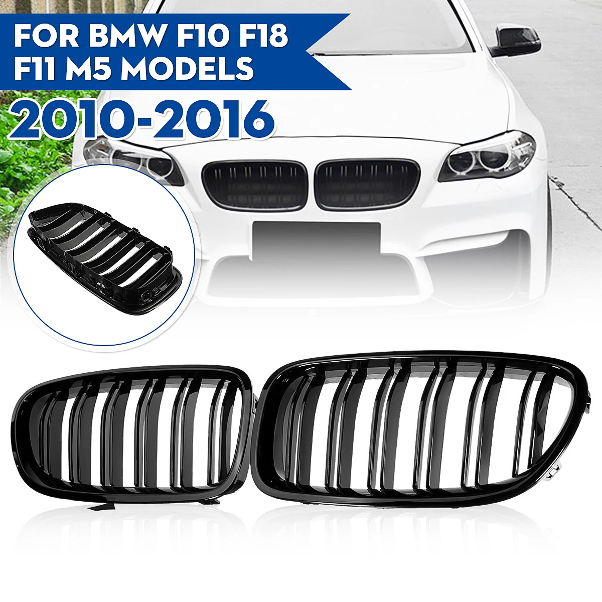 Glänzend schwarzer Frontnier-Doppellatten-Grill für BMW 5er F10 F11 F18 2010–2017 Dual Line Racing Grills – Detail 3