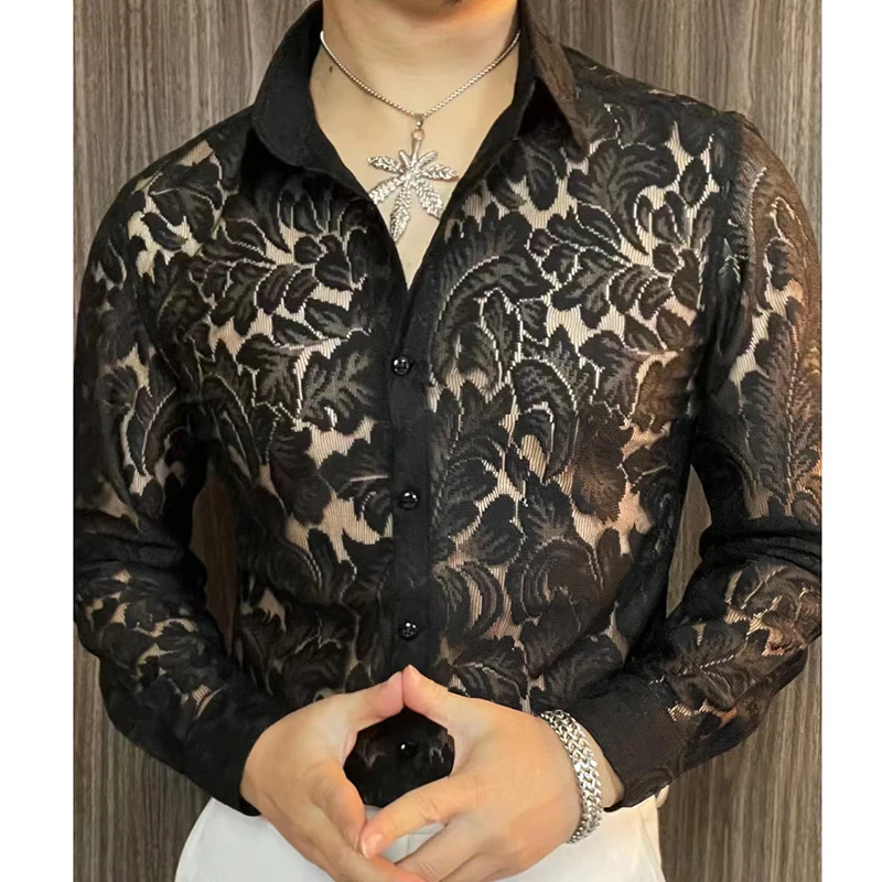 Men's Slim Fit Shirt Spring Semi Transparent Long Sleeved Shirt Men Nightclub Sexy Casual Social Party Tuxedo Stage Singer Shirt