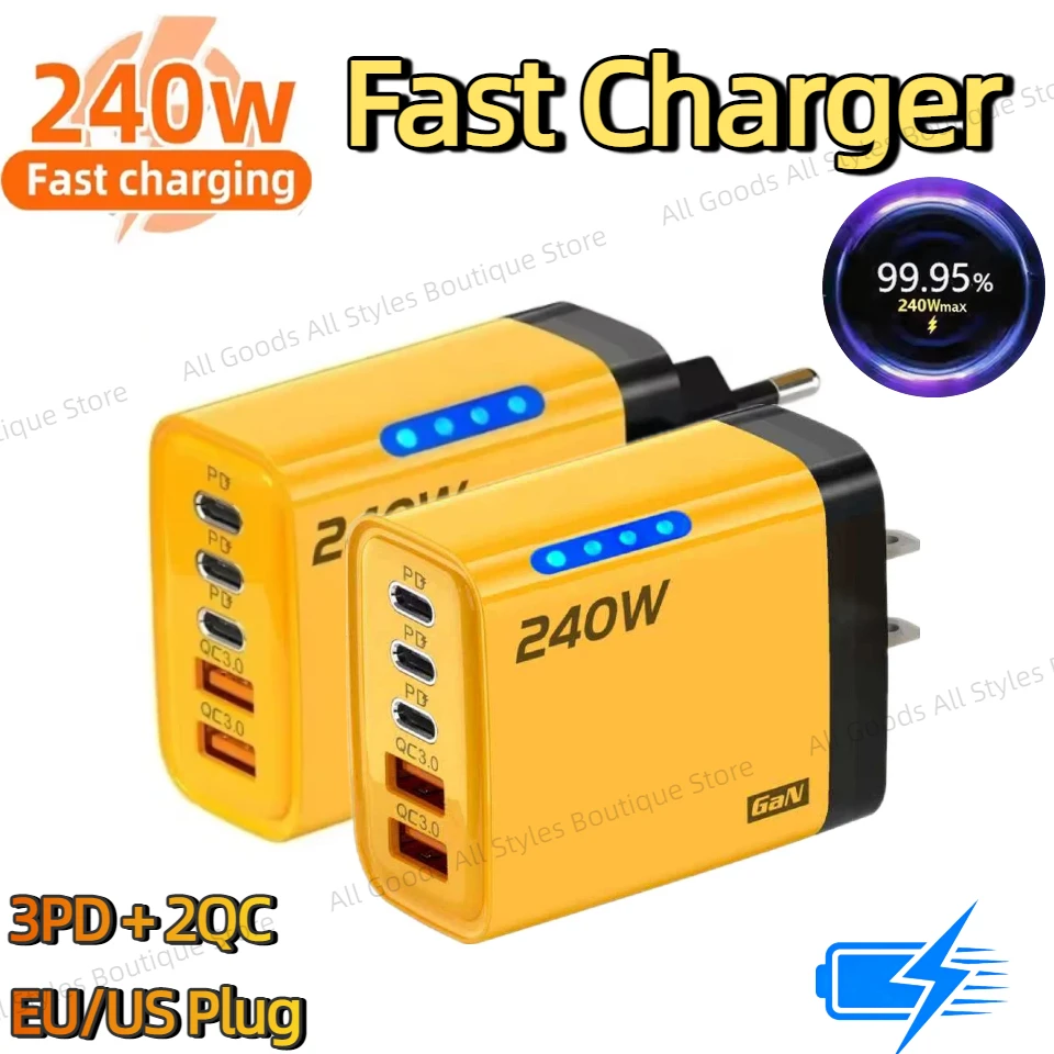 5 in1 GaN Desktop Charger 240W Fast Charging Adapter 10A USB To TypeC Cable 3PD 2 USB Charger For IPhone Laptop Samsung Tablet