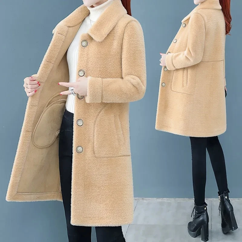 

Women Mink Velvet Coat 2023 New Autumn Winter Loose Fur One Jacket Medium-Length Gold Mink Velvet Wool Coat Women Outwear