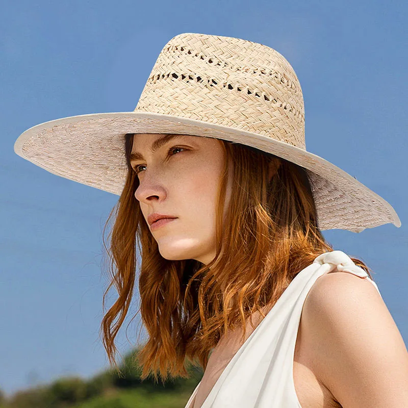 

2022 New Natural Panama Hand-woven Raffia Straw Hats For Women Men Caps Summer Wide Brim Beach Sun Cap UV Protection Fedora Hat