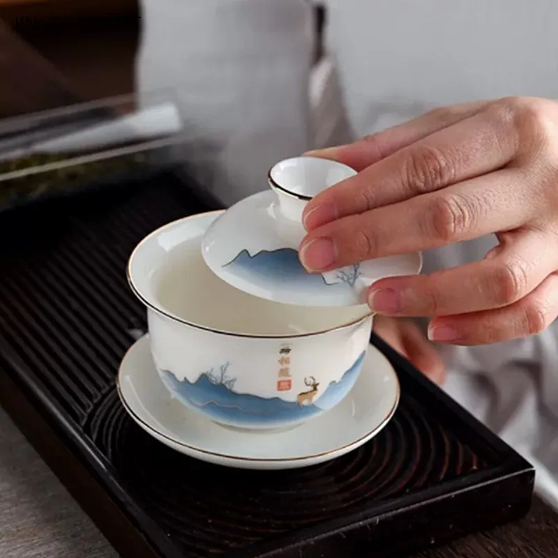 120ml Hand-painted White Porcelain Gaiwan High-quality Mutton Fat Jade Porcelain Teacup Portable Ceramic Teaware Tea Infuser