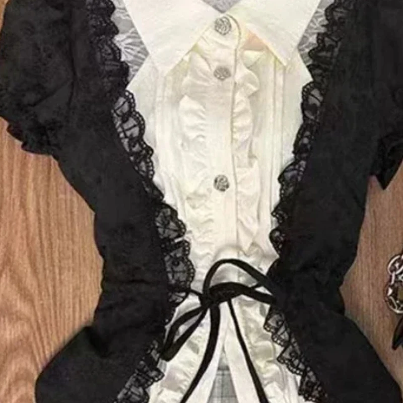 Japanese Kawaii Lolita Elegant 2 Piece Set Women Y2k Patchwork Vintage Kawaii Mini Skirt Suits Female Lace-up Chic Clothing 2024 5