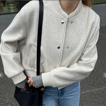 HXAO Demi-Season المرأة Bomber سترة فو الصوف معاطف اقتصاص سترة طويلة الأكمام الطيار سترة امرأة ملابس خارجية زر سترة 5