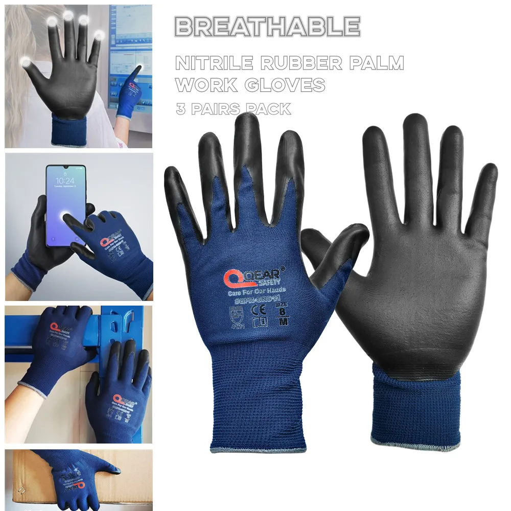 3 Pairs Navy Blue TouchScreen Work Safety Gloves, Foam Nitrile Rubber