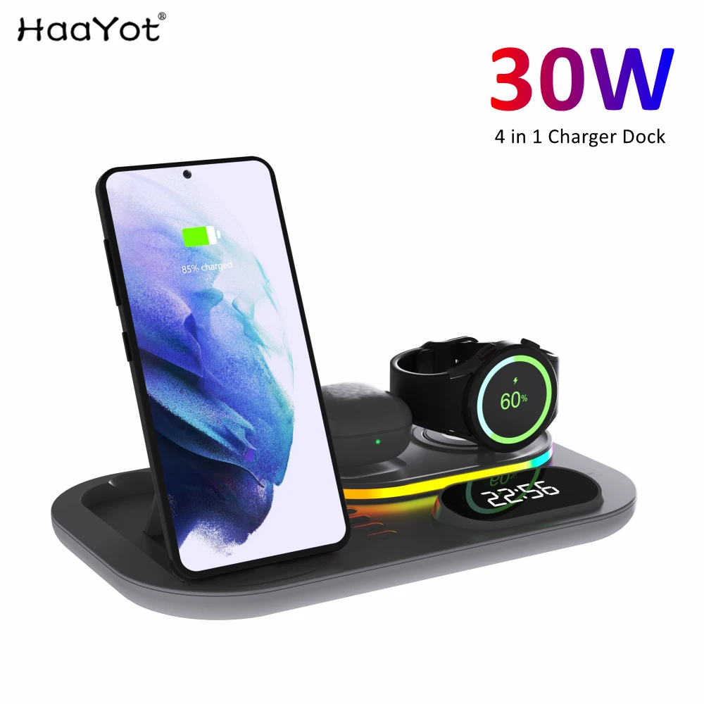 2022 RGB Wireless Charger Dock Qi 4 in 1 Charging Station Compatible with Apple Airpods iPhone 12 13 Samsung S21 Galaxy Watch