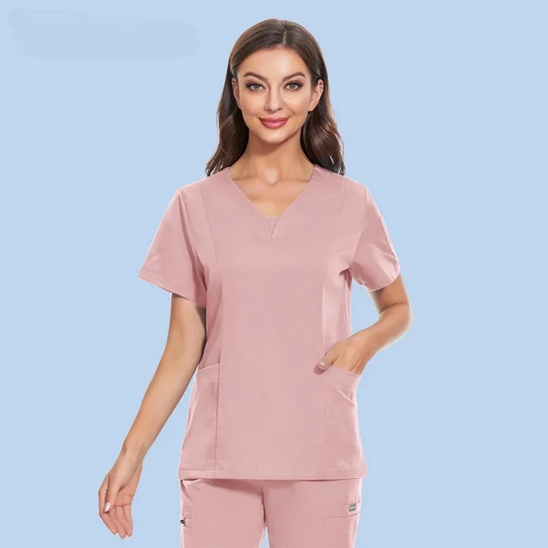 

Women Medica Scrubs Tops Nurse Nursing Uniform Short Sleeve V-neck Beauty Blouse Scrub Shirt with Pocket Work Wear Lab Jacket