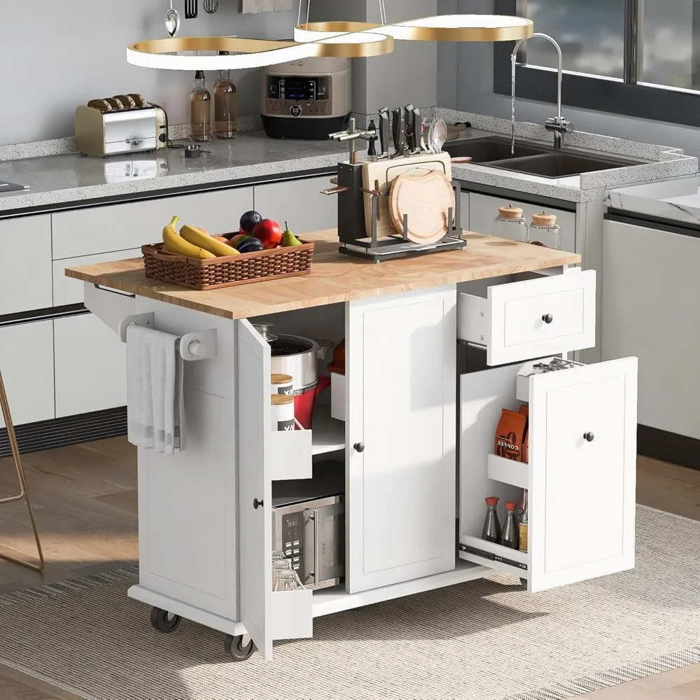 with Drop Leaf, 53.9" Width Rolling Wheels with Internal Tier Pull Out Cabinet Organizer, Kitchen Storage Cart Spice