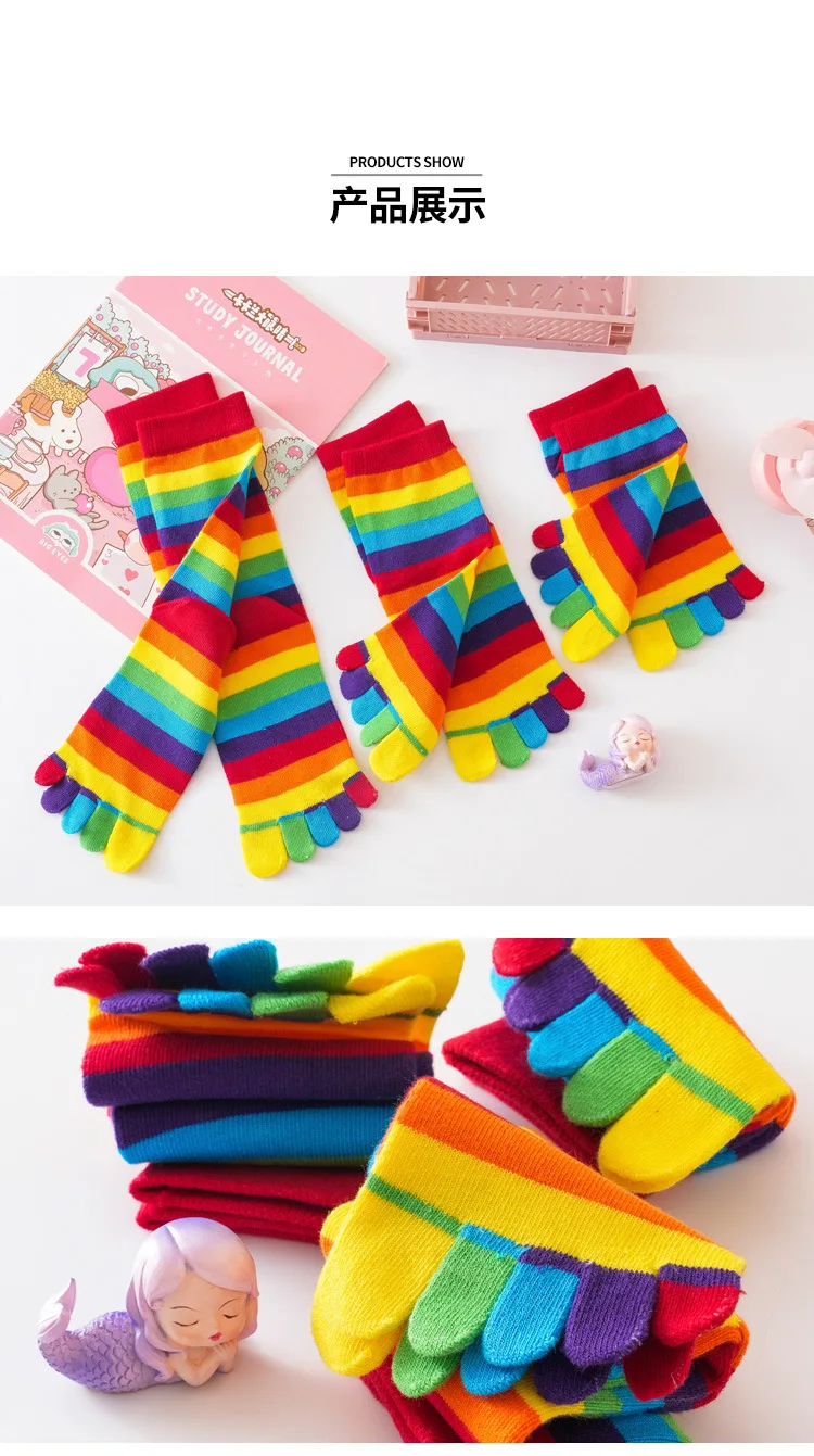 Damensocken Regenbogen gestreift Fünf-Finger Split Toe Baumwolle Mid-Tube-Socken Bunte Linien Einfache Sport Lustige Strümpfe Großhandel – Detail 9