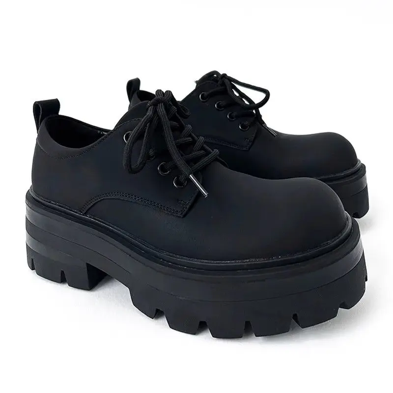 High-Grade 7cm Increased Derby Carbon Black Trendy Men's British-Style Thick-Soled Hair Stylist Big Head Leather Shoes