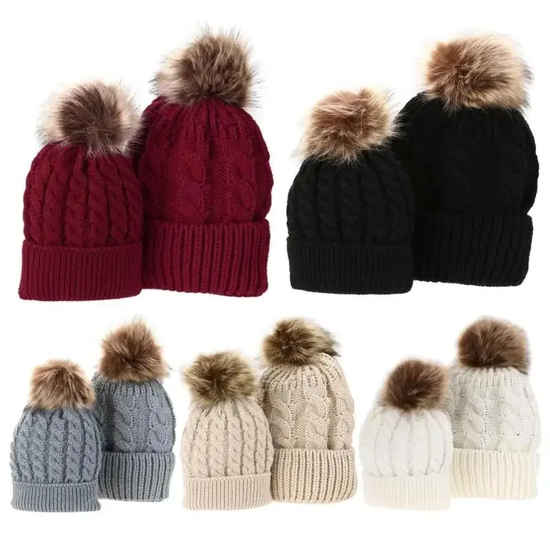 1pc White Knitted Beanie Hat With Pom-pom Ball For Kids, Winter