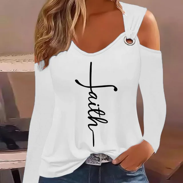 Fashion Floral Print Blouse T-shirt Woman 2024 Metal Buckle Off Shoulder Long Sleeve Top Casual Office Tee Female Streetwear 3