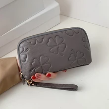  Genuine Leather Women Wallet Embossed Floral Clutch Purse Real Cow Leather Coin Pocket Money Purses Fashion Wristlet Phone Bag 