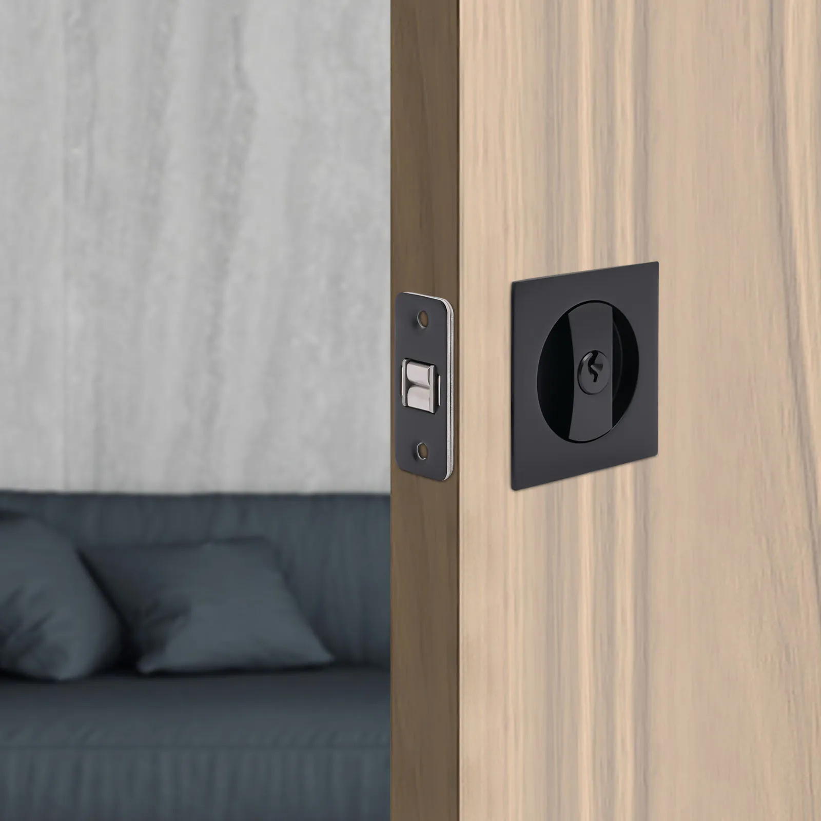 Pocket Door Lock with Key, Matte Black Pocket Door Hardware Square Door Lock