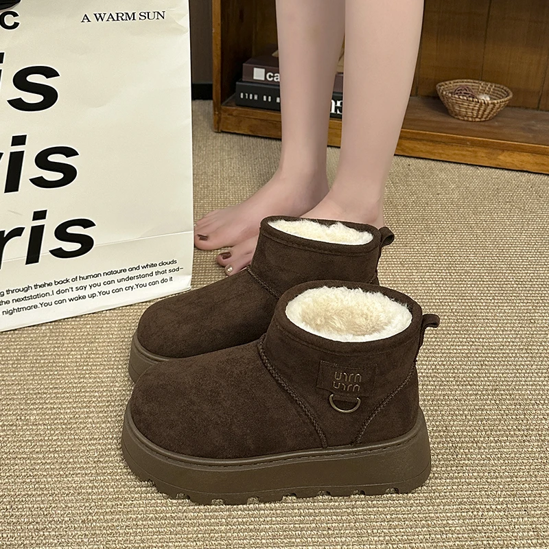 Women's Winter Fleece-Lined Short Boots, Fashionable Slip-On Thickened Warm Outdoor Short Boots, Solid Color Round-Toe Platform Shoes with Cloth Insoles and Pvc Soles, Winter Fashionable Warm Slip-On Short Boots, Cotton Shoes, Women's Snow Boots