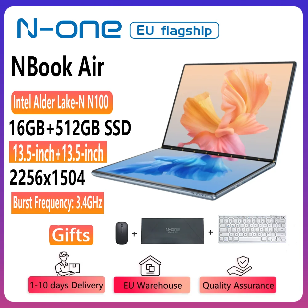 Ordinateur portable N-one NBook air Windows 11 Intel N100 double écran tactile 13,5 pouces 2256x1504, 16 Go LPDDR5, 512 Go SSD, Wi-Fi 5