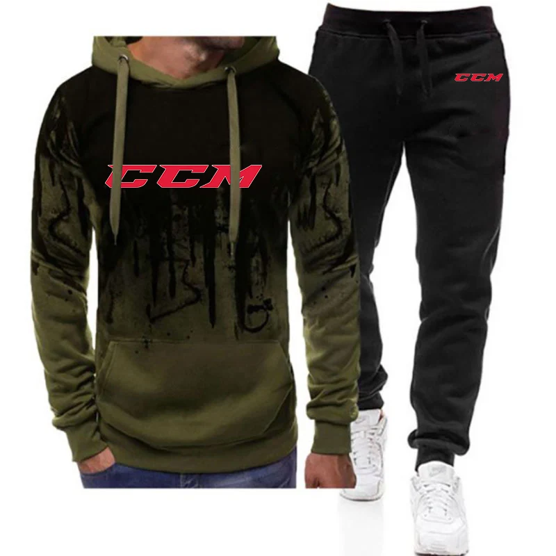 

CCM 2023 Men's New Spring and Autumn Gradient Color Print Hoodies Casual Sweatpant Jackets Sport Coats + Trousers Suit