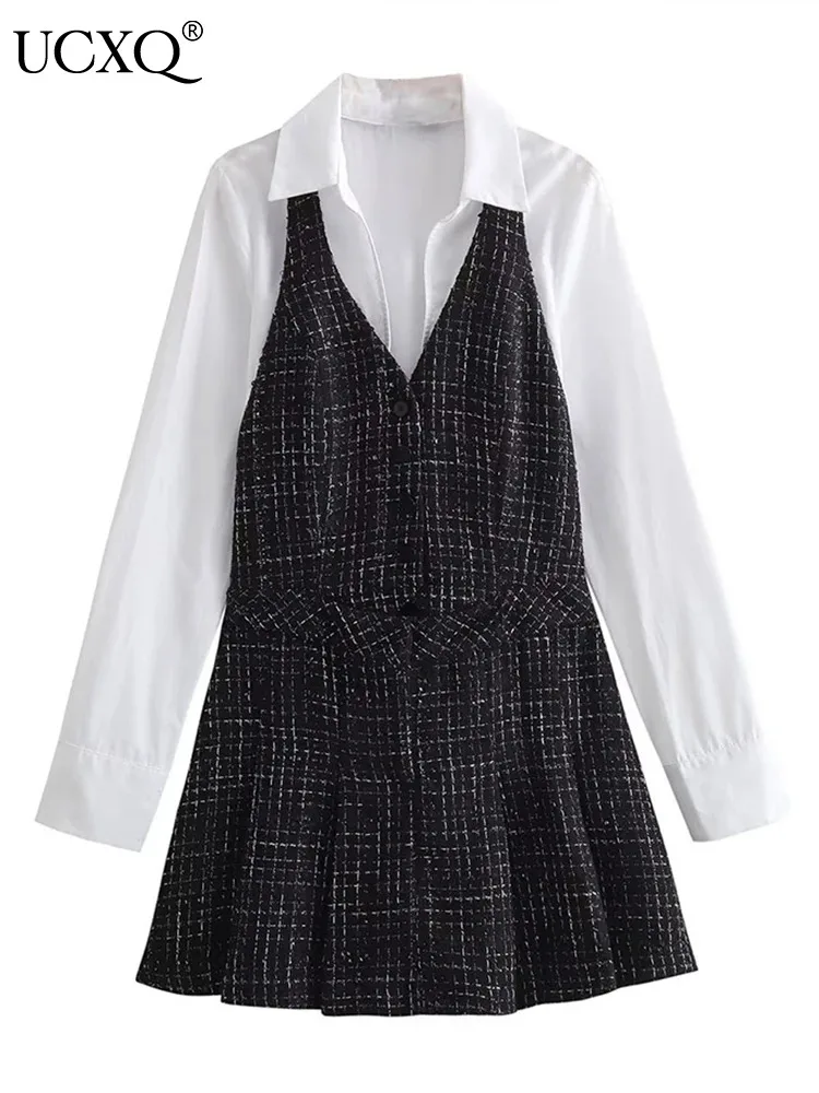 

Классическое подходящее ко всему платье-рубашка UCXQ в европейском стиле с воротником и длинным рукавом в стиле пэчворк 2024 весна-осень Офисная Женская одежда 16u7121