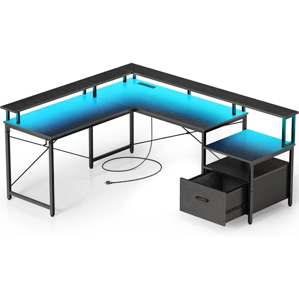 

Computer Desk with File Drawer, 68" L Shaped Computer Corner Desk with Power Outlet & LED Strip, Home Desk with Monitor Shelf